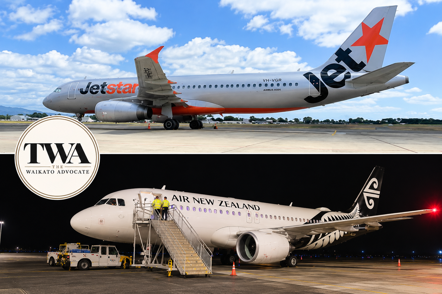 Jetstar and Air New Zealand aircraft at Hamilton Airport in a two-photo montage