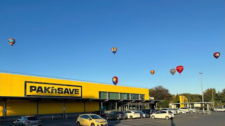 Pak'nSave Mill Street in Hamilton, with hot air balloons floating above the yellow storefront
