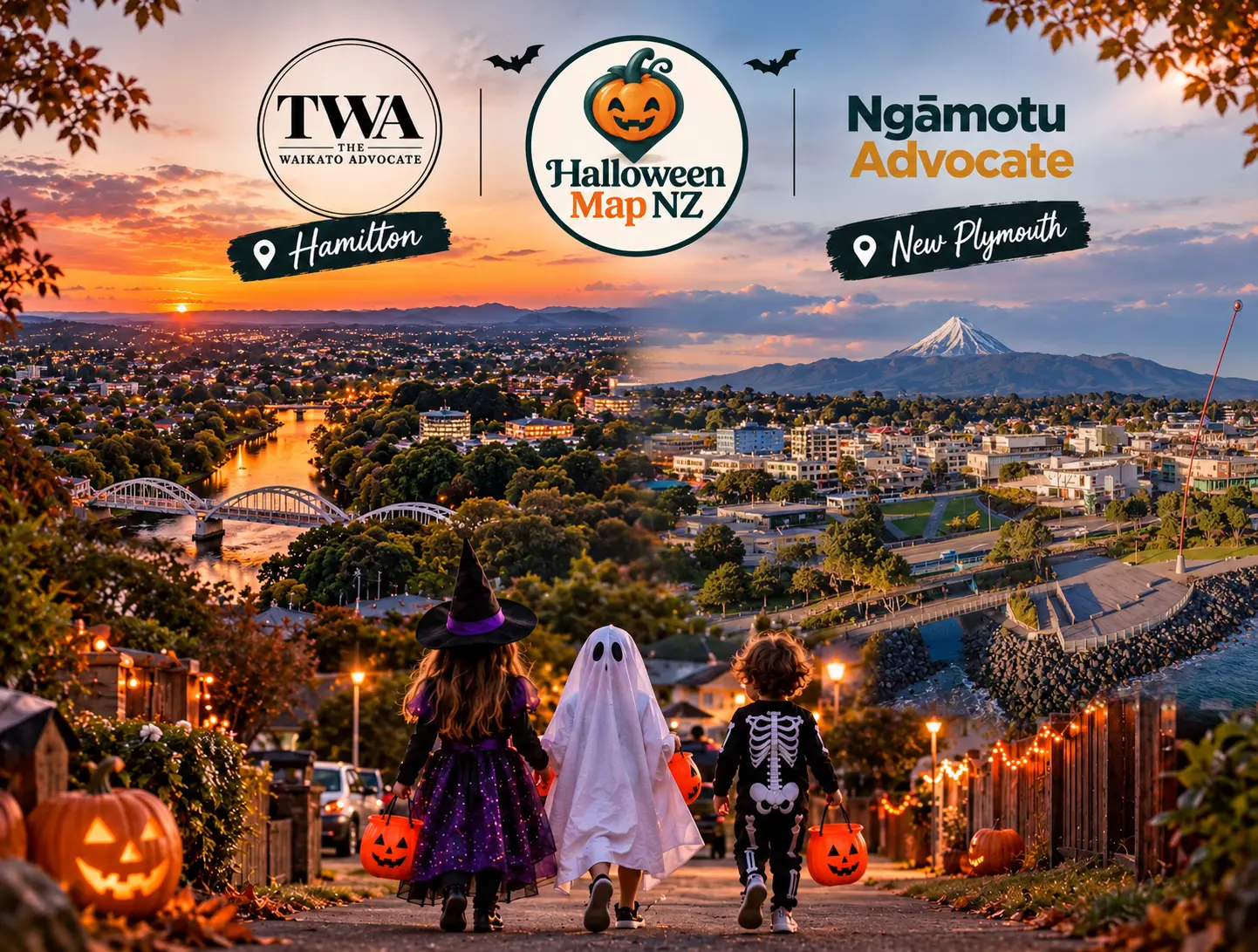 Halloween Map NZ collaborative artwork showing Hamilton and New Plymouth, the two Advocate brands and children dressed for trick-or-treating
