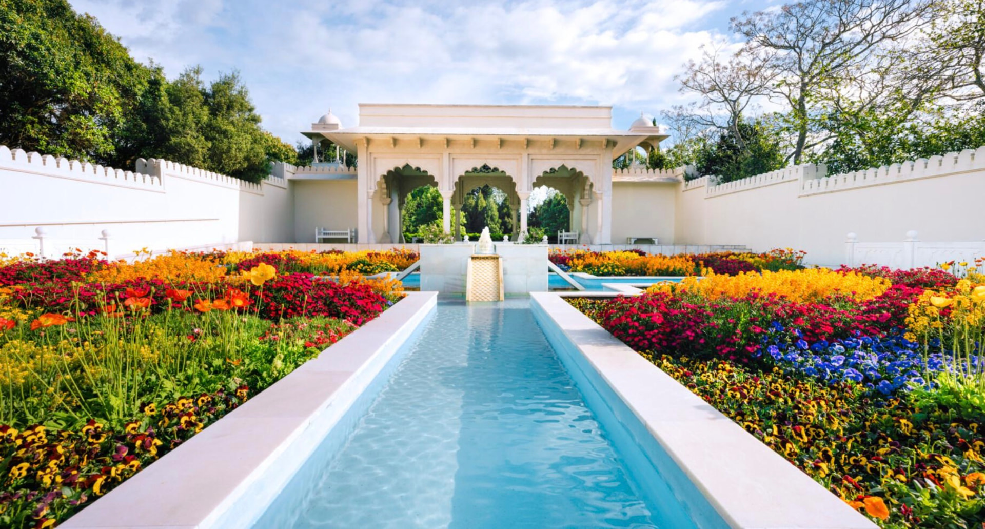 Flowers and water features in Hamilton Gardens Indian Char Bagh Garden