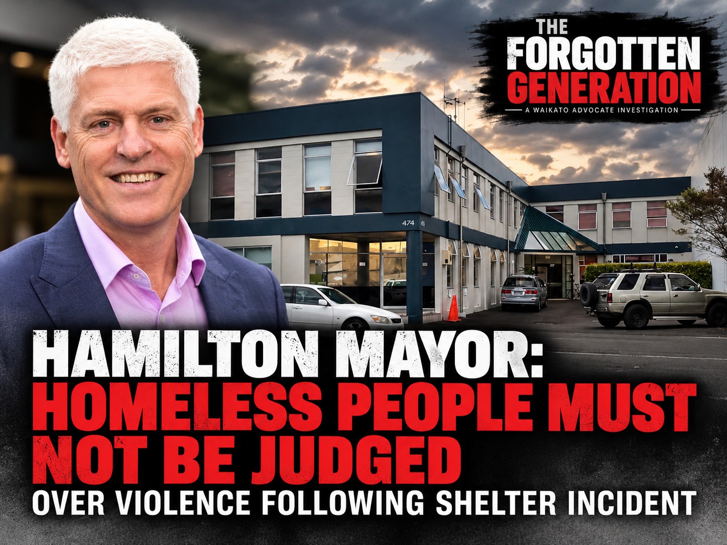 Hamilton Mayor Tim Macindoe beside the Hamilton homeless shelter, with the headline: Homeless people must not be judged over violence following shelter incident