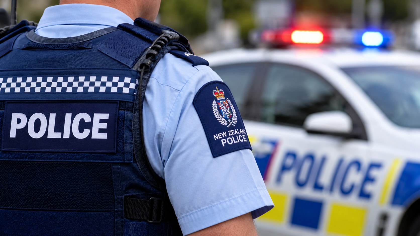 A New Zealand Police officer standing in front of a patrol car