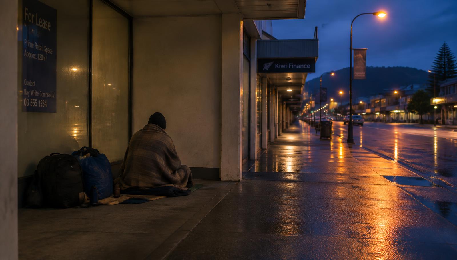 A person sitting under a blanket in a shop alcove on a wet main street at dusk, seen from behind